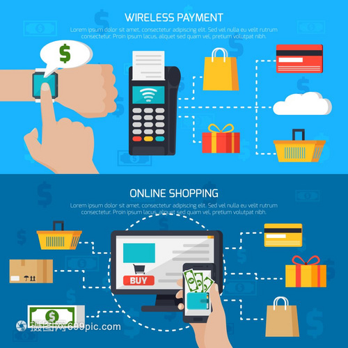無線支付網上購物橫幅無線支付網上購物兩個水平橫幅與客戶用小工具購買互聯網平矢量插圖